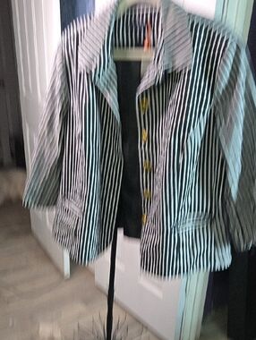 Chaps Black & White Pinstripe Blazer with Gold Buttons